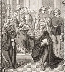 Queen Fredegond gives orders to two men of Terouanne to assassinate Sigbert, King of Austrasia, from 